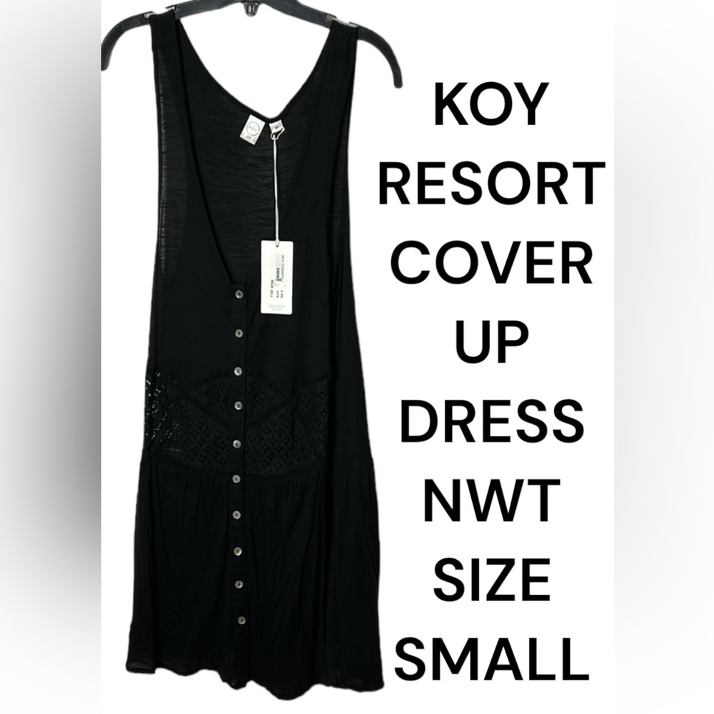 KOY RESORT  black beach cover,crochet waistline, sleeveless button front dress